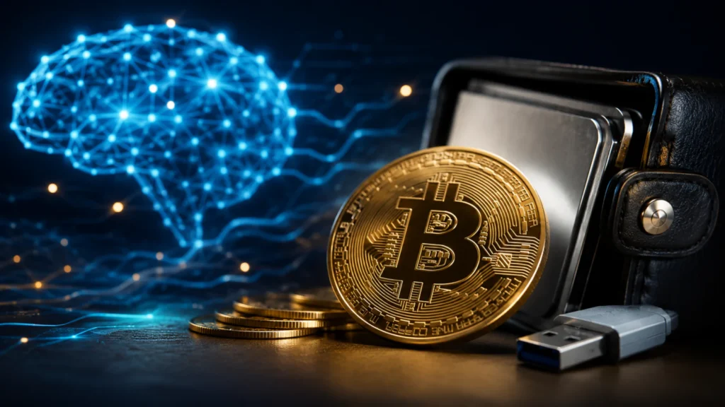 Claude AI koncept, Bitcoin novčić, digitalni novčanik i USB memorija kao simbol povratka izgubljenog kripto backupa.