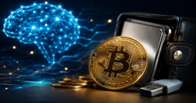 Claude AI koncept, Bitcoin novčić, digitalni novčanik i USB memorija kao simbol povratka izgubljenog kripto backupa.
