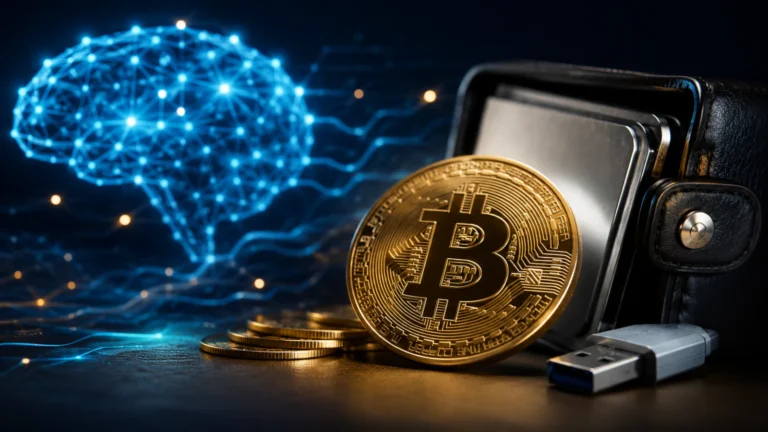 Claude AI koncept, Bitcoin novčić, digitalni novčanik i USB memorija kao simbol povratka izgubljenog kripto backupa.