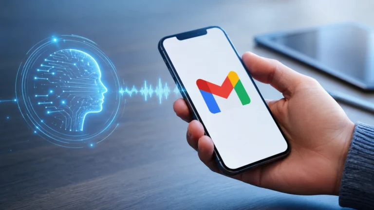 Gmail dobija AI asistenta: šta znači razgovor sa sopstvenim mejlovima? 1 Pametni telefon sa Gmail simbolom i AI hologramom koji predstavlja novu funkciju razgovora sa mejlovima.