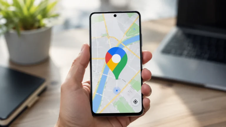 Pametni telefon sa prikazom mape i oznakom lokacije, kao ilustracija Google Maps podešavanja na novom telefonu.