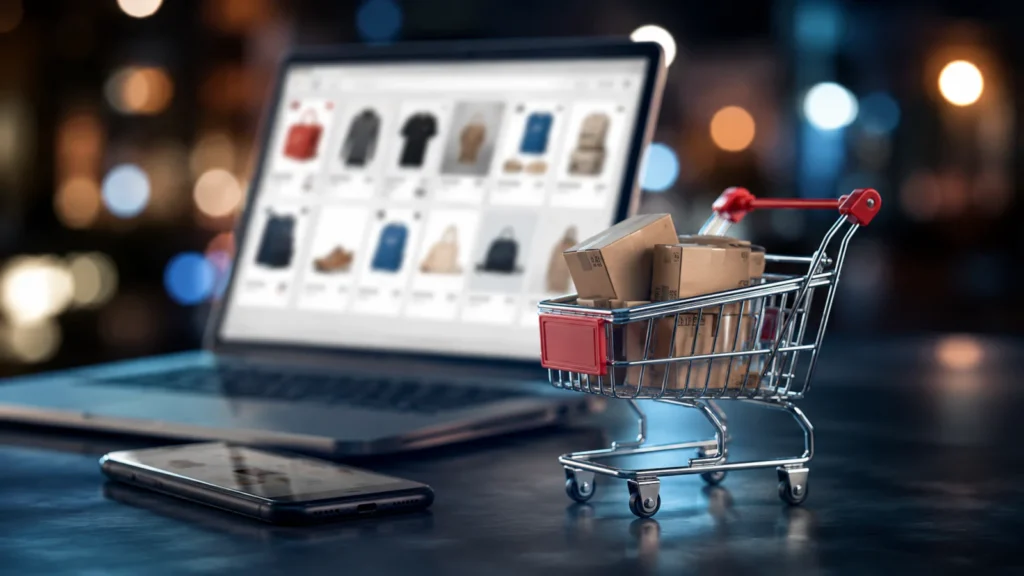 Mini kolica za kupovinu sa paketima ispred laptopa i telefona, simbol online kupovine i Google Shopping pretrage u Srbiji