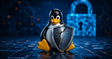 Ilustracija Linux pingvina ispred napuklog zaštitnog štita i digitalnog katanca, kao simbol bezbednosnog propusta u Linux kernelu.