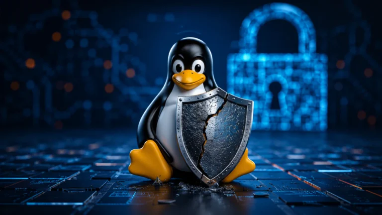 Ilustracija Linux pingvina ispred napuklog zaštitnog štita i digitalnog katanca, kao simbol bezbednosnog propusta u Linux kernelu.