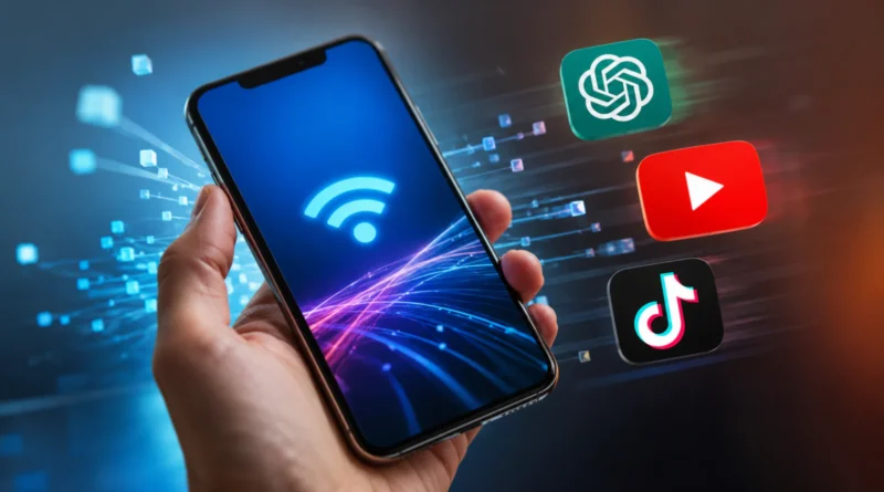 Pametni telefon sa ikonama ChatGPT-a, YouTube-a i TikTok-a koji prikazuje potrošnju mobilnog interneta i streaming podataka