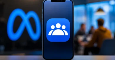 Pametni telefon sa ikonicom aplikacije za online zajednice i diskusije, uz zamućen Meta logo u pozadini.