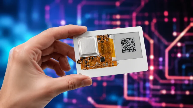 Ruka drži ultra-tanku MuxCard razvojnu ploču sa e-ink ekranom i vidljivom elektronikom