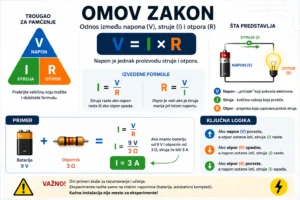 Početnički vodič za električnu struju: napon, struja, otpor i bezbednost 3 Infografika koja objašnjava Omov zakon kroz odnos napona, struje i otpora