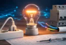 Ilustracija električne struje sa sijalicom, kablovima, utičnicom i zaštitnim prekidačima