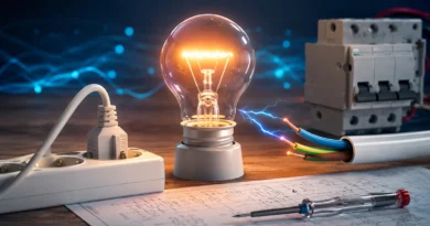 Ilustracija električne struje sa sijalicom, kablovima, utičnicom i zaštitnim prekidačima