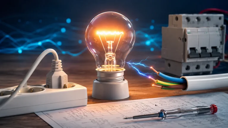Početnički vodič za električnu struju: napon, struja, otpor i bezbednost 1 Ilustracija električne struje sa sijalicom, kablovima, utičnicom i zaštitnim prekidačima