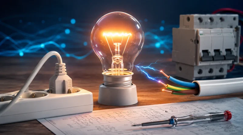 Ilustracija električne struje sa sijalicom, kablovima, utičnicom i zaštitnim prekidačima