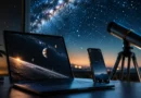 Laptop i mobilni telefon prikazuju mapu noćnog neba, dok se u pozadini vidi teleskop i zvezdano nebo.