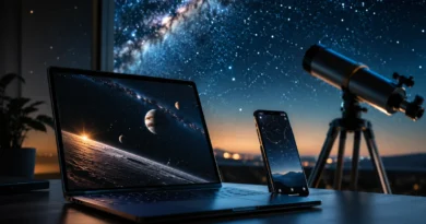 Laptop i mobilni telefon prikazuju mapu noćnog neba, dok se u pozadini vidi teleskop i zvezdano nebo.