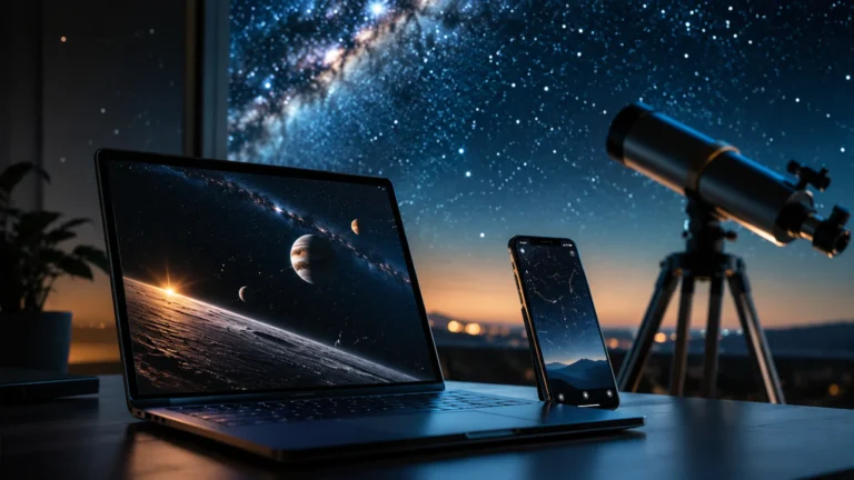 Laptop i mobilni telefon prikazuju mapu noćnog neba, dok se u pozadini vidi teleskop i zvezdano nebo.