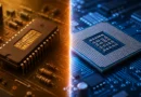 Uporedni prikaz starog i modernog procesora koji simbolizuje razliku između 16-bitne i 32-bitne arhitekture.