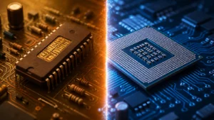 Uporedni prikaz starog i modernog procesora koji simbolizuje razliku između 16-bitne i 32-bitne arhitekture.