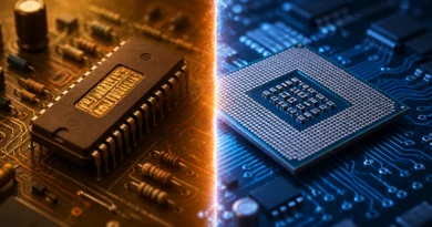 Uporedni prikaz starog i modernog procesora koji simbolizuje razliku između 16-bitne i 32-bitne arhitekture.