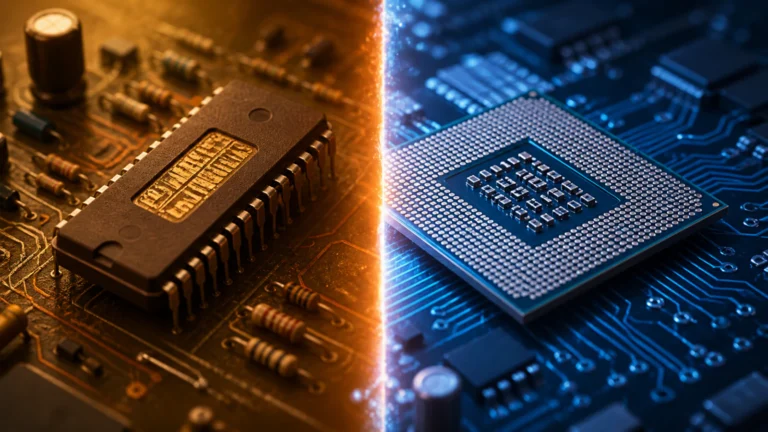 Uporedni prikaz starog i modernog procesora koji simbolizuje razliku između 16-bitne i 32-bitne arhitekture.