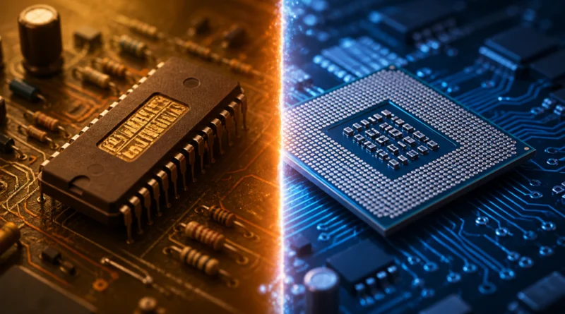 Uporedni prikaz starog i modernog procesora koji simbolizuje razliku između 16-bitne i 32-bitne arhitekture.