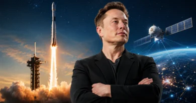 Ilustracija SpaceX IPO-a sa raketom, satelitima i globalnom mrežom u orbiti