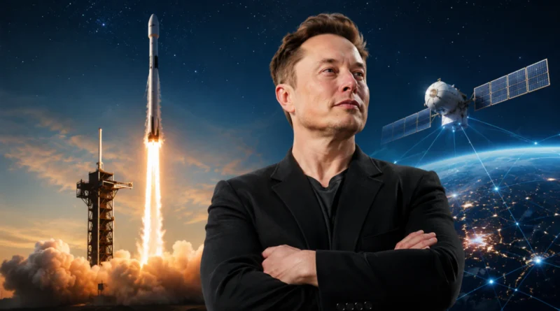 Ilustracija SpaceX IPO-a sa raketom, satelitima i globalnom mrežom u orbiti
