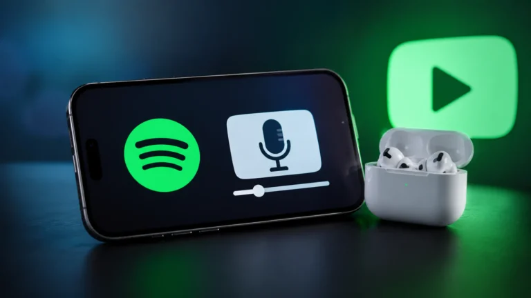 Pametni telefon sa simbolima za audio i video podkast pored bežičnih slušalica, kao ilustracija Spotify i Apple video podkast tehnologije.