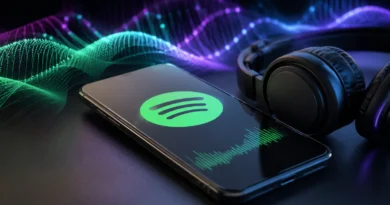 Pametni telefon sa muzičkom aplikacijom, slušalicama i digitalnim zvučnim talasima koji simbolizuju AI remikse na Spotify platformi