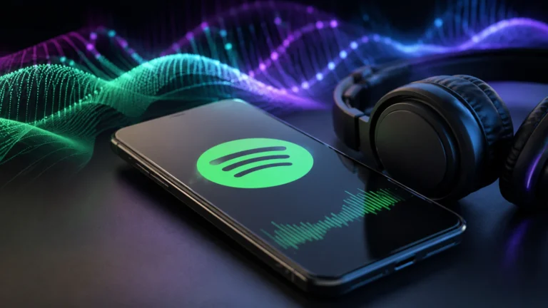 Spotify i UMG uvode legalne AI remikse 1 Pametni telefon sa muzičkom aplikacijom, slušalicama i digitalnim zvučnim talasima koji simbolizuju AI remikse na Spotify platformi