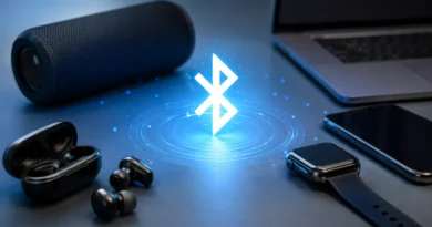 Ilustracija Bluetooth povezivanja između bežičnih slušalica, pametnog sata, telefona, laptopa i zvučnika.