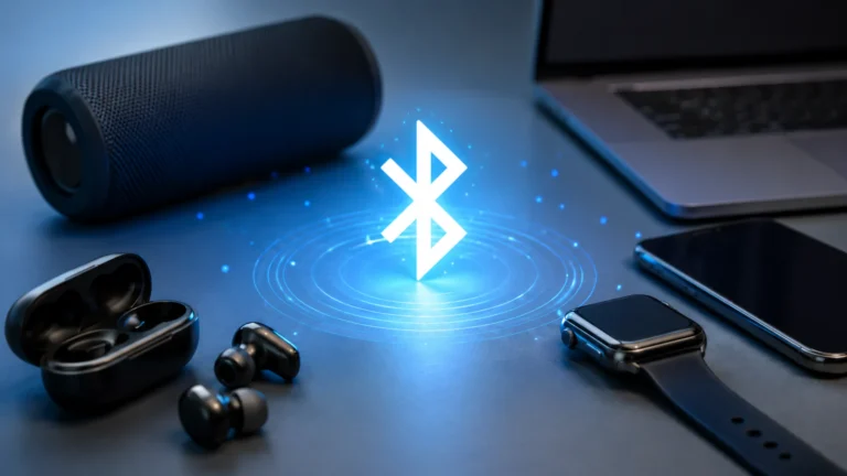 Ilustracija Bluetooth povezivanja između bežičnih slušalica, pametnog sata, telefona, laptopa i zvučnika.