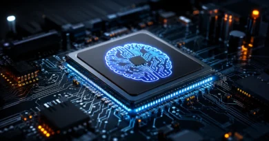 lustracija NPU AI čipa na matičnoj ploči laptopa, sa svetlećim neuralnim simbolom koji predstavlja lokalnu obradu veštačke inteligencije