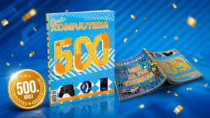 Ilustracija jubilarnog 500. broja časopisa Svet kompjutera sa plavom pozadinom i zlatnim detaljima