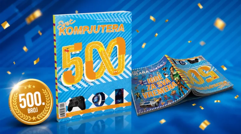 Ilustracija jubilarnog 500. broja časopisa Svet kompjutera sa plavom pozadinom i zlatnim detaljima
