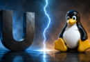 Vizuelno poređenje Unix i Linux sistema kroz simboličan prikaz terminala, servera i Linux pingvina u modernom tehnološkom okruženju.