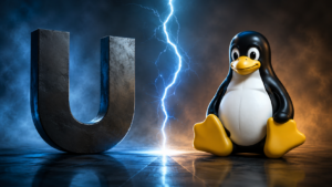 Unix protiv Linuxa: Istorija, razlike i primena 1 Vizuelno poređenje Unix i Linux sistema kroz simboličan prikaz terminala, servera i Linux pingvina u modernom tehnološkom okruženju.