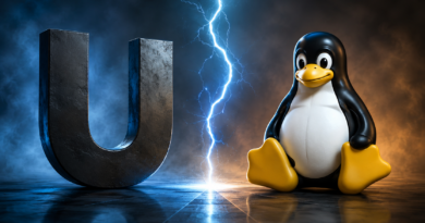 Vizuelno poređenje Unix i Linux sistema kroz simboličan prikaz terminala, servera i Linux pingvina u modernom tehnološkom okruženju.
