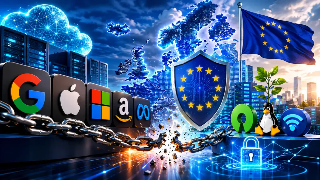 Evropska digitalna suverenost prikazana kroz mapu Evrope, cloud infrastrukturu, zaštitu podataka i tehnološku nezavisnost od Big Tech kompanija.
