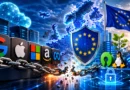 Evropska digitalna suverenost prikazana kroz mapu Evrope, cloud infrastrukturu, zaštitu podataka i tehnološku nezavisnost od Big Tech kompanija.