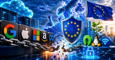 Evropska digitalna suverenost prikazana kroz mapu Evrope, cloud infrastrukturu, zaštitu podataka i tehnološku nezavisnost od Big Tech kompanija.
