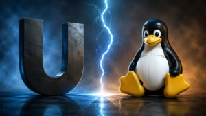 Vizuelno poređenje Unix i Linux sistema kroz simboličan prikaz terminala, servera i Linux pingvina u modernom tehnološkom okruženju.