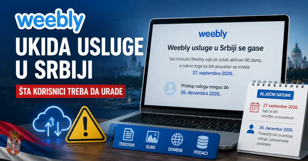 Weebly ukida usluge u Srbiji, prikaz laptopa sa obaveštenjem o gašenju servisa i ključnim datumima za korisnike.