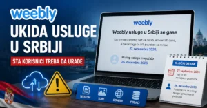 Weebly ukida usluge u Srbiji, prikaz laptopa sa obaveštenjem o gašenju servisa i ključnim datumima za korisnike.