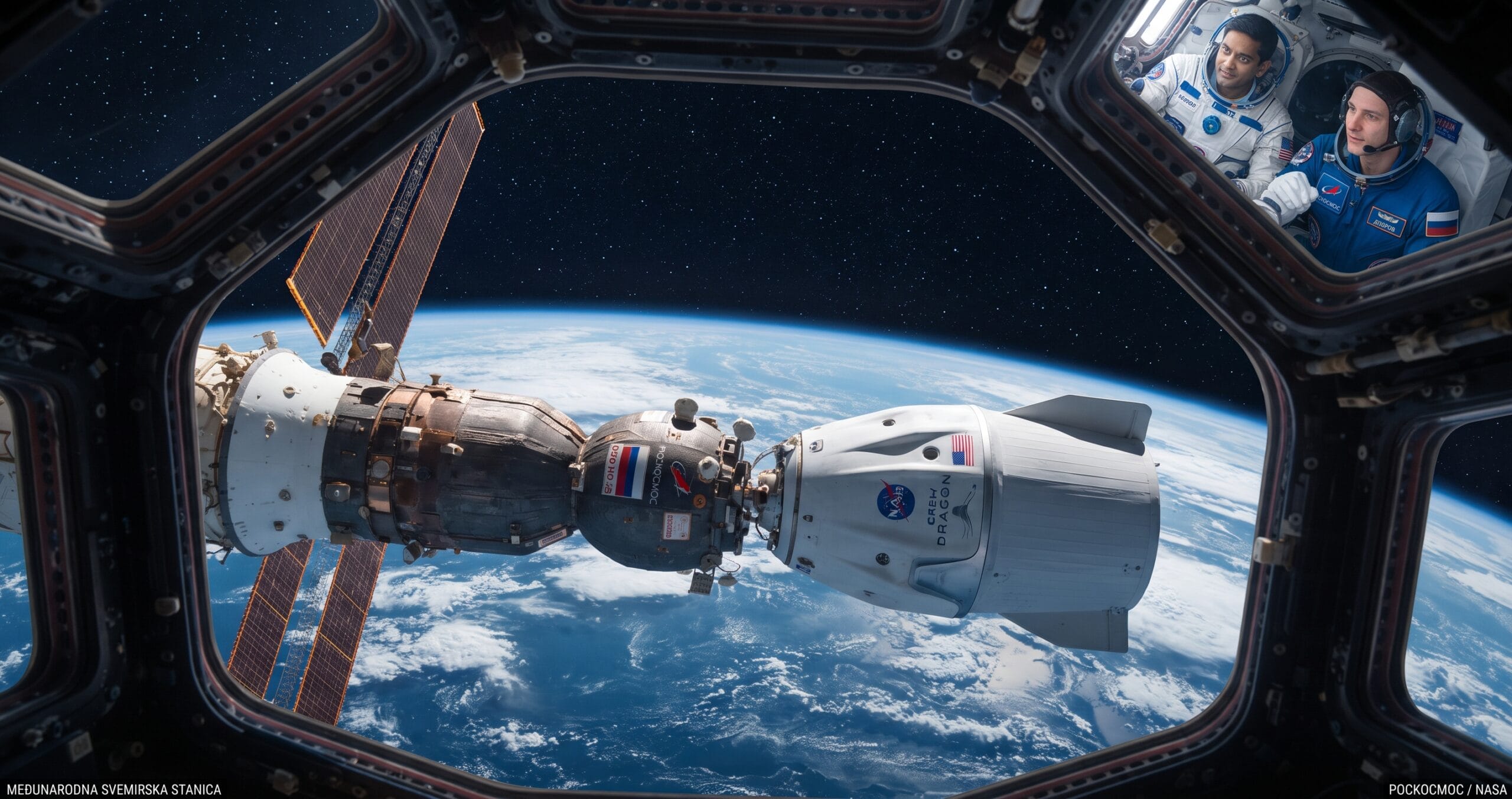 Rusi i Amerikanci nastavljaju saradnju na MSS do 2030. godine 1 Astronauti i kosmonauti posmatraju pristajanje letelica Sojuz i Crew Dragon na Međunarodnu svemirsku stanicu iznad Zemlje.