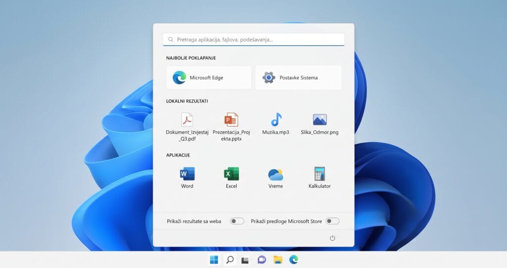 Windows 11 dobija čistiju pretragu, manje reklama i veću kontrolu 1 Prikaz nove, čistije verzije pretrage u operativnom sistemu Windows 11 sa opcijama za isključivanje web rezultata i Microsoft Store predloga.