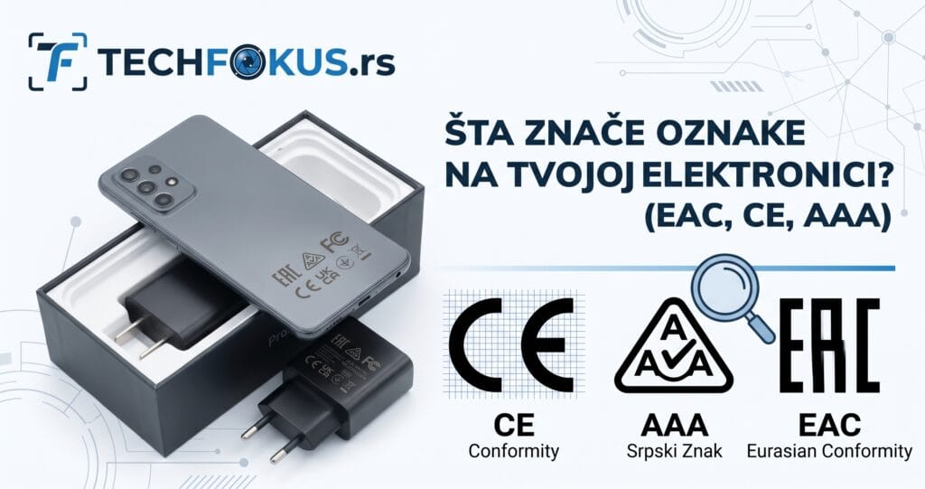 EAC oznaka na uređajima: šta znači i zašto je važna 1 Pametni telefon i punjač sa bezbednosnim oznakama EAC, CE i srpskim AAA žigom na čistoj beloj pozadini sa logotipom TechFokus.rs.