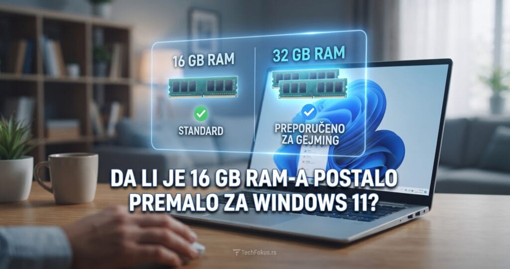 Laptop sa ekranom na kojem se vidi Windows 11 logotip, uz grafički prikaz 16 GB RAM-a kao standarda i 32 GB RAM-a kao preporuke za gejming.