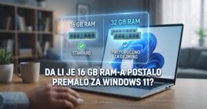 Laptop sa ekranom na kojem se vidi Windows 11 logotip, uz grafički prikaz 16 GB RAM-a kao standarda i 32 GB RAM-a kao preporuke za gejming.