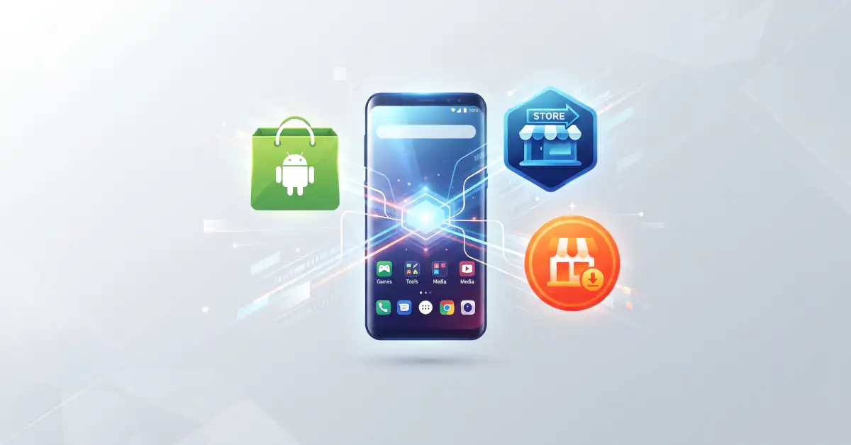 lustracija Android pametnog telefona povezanog sa različitim prodavnicama aplikacija koje simbolizuju otvoreni ekosistem.