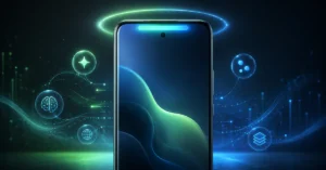 Ilustracija Android telefona sa svetlećim Halo indikatorom pri vrhu ekrana koji prikazuje rad AI agenta u pozadini.